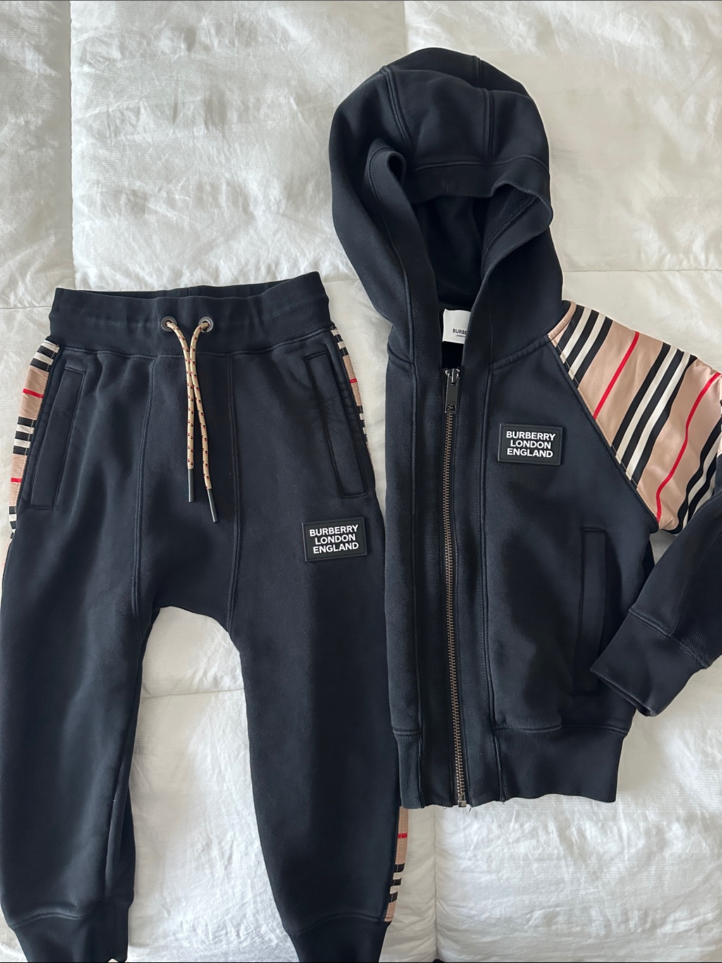 Burberry Black Hoodie With Beige Stripe Sleeves And Matching Pants (2 Piece)